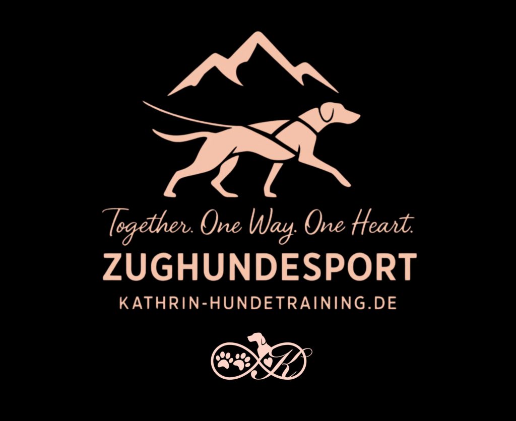 Zughundesport-Logo mit laufendem Hund und dem Motto Together. One Way. One Heart.